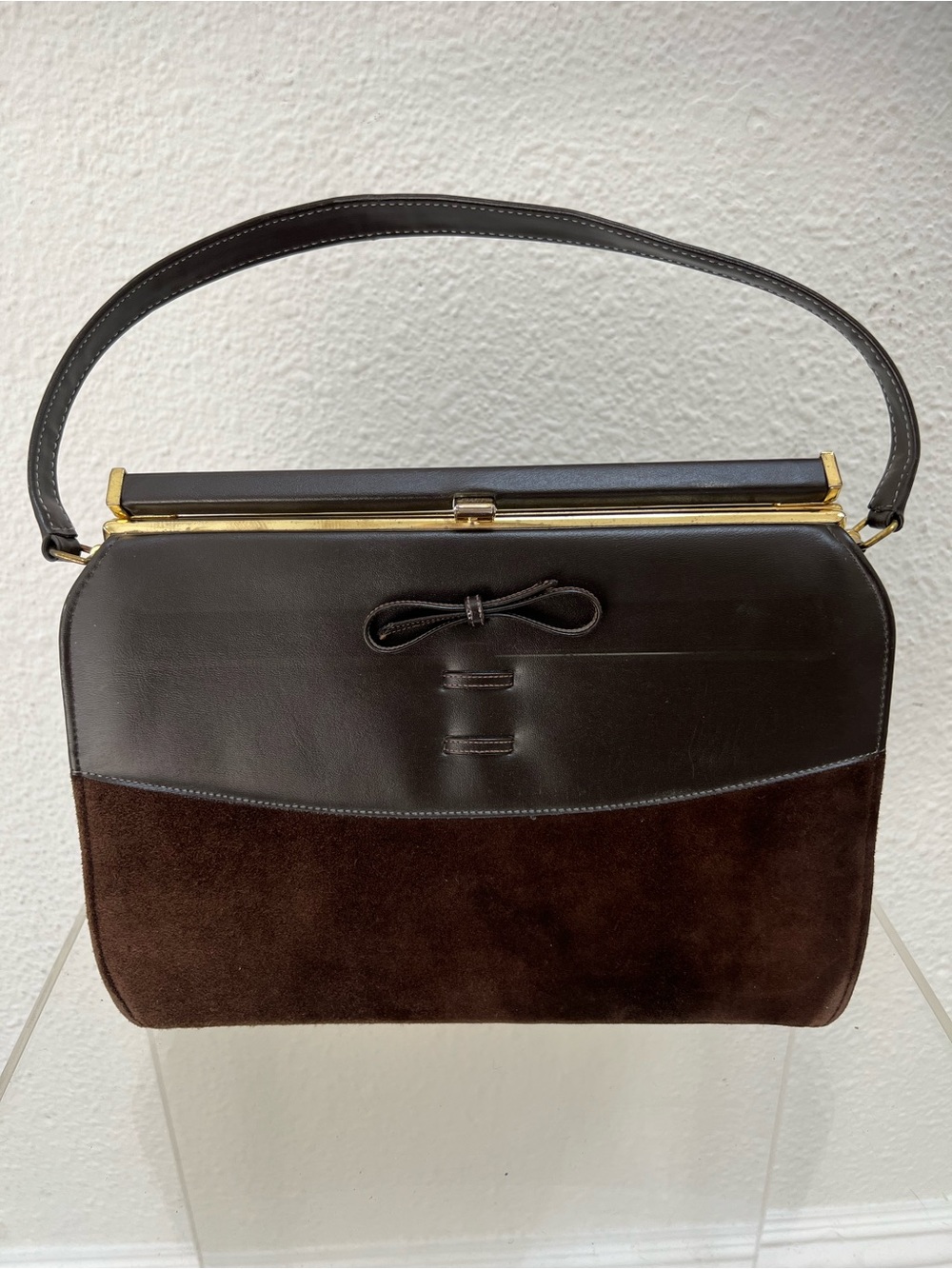 Brown Leather & Suede Shoulder Bag with Bow Accent